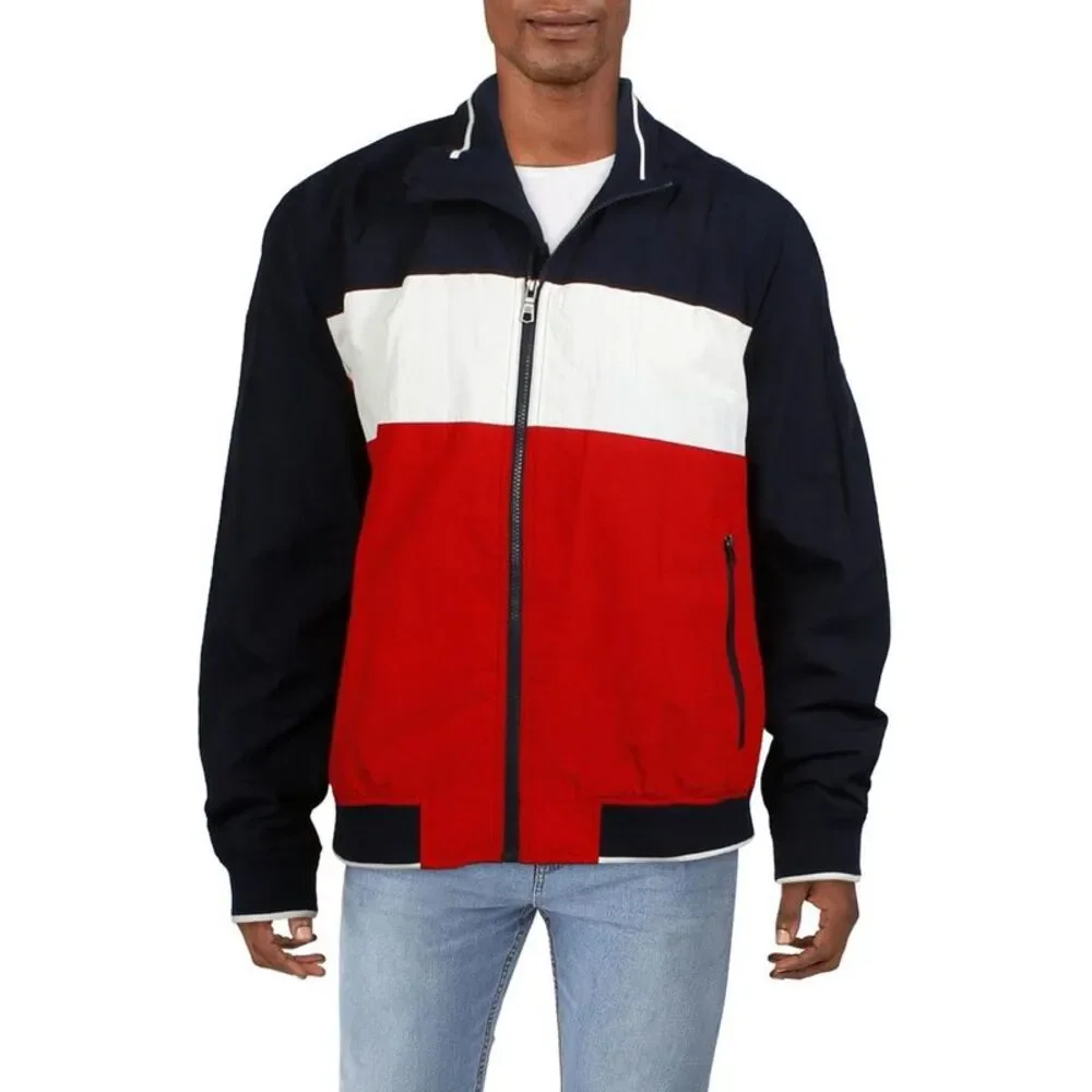 Tommy Hilfiger Mens Navy Colorblock Nylon Windbreaker Jacket Coat NWT